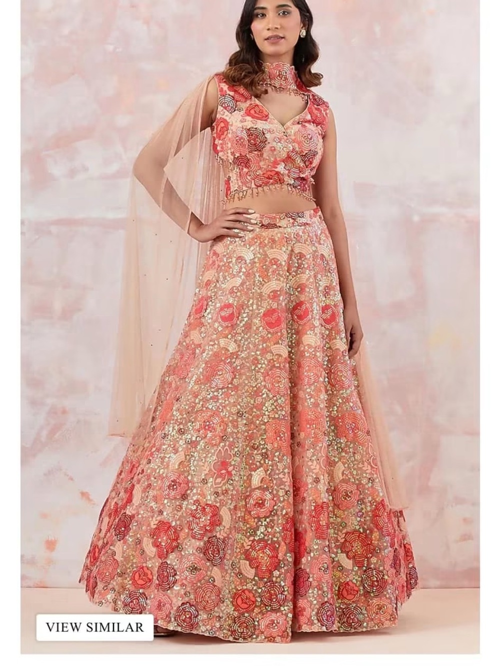 Embroidered Peach-Pink Floral Lehenga Set- Basanti Kapde Aur Koffee